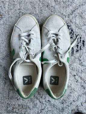Veja White Canvas Sneakers with Green V Detail